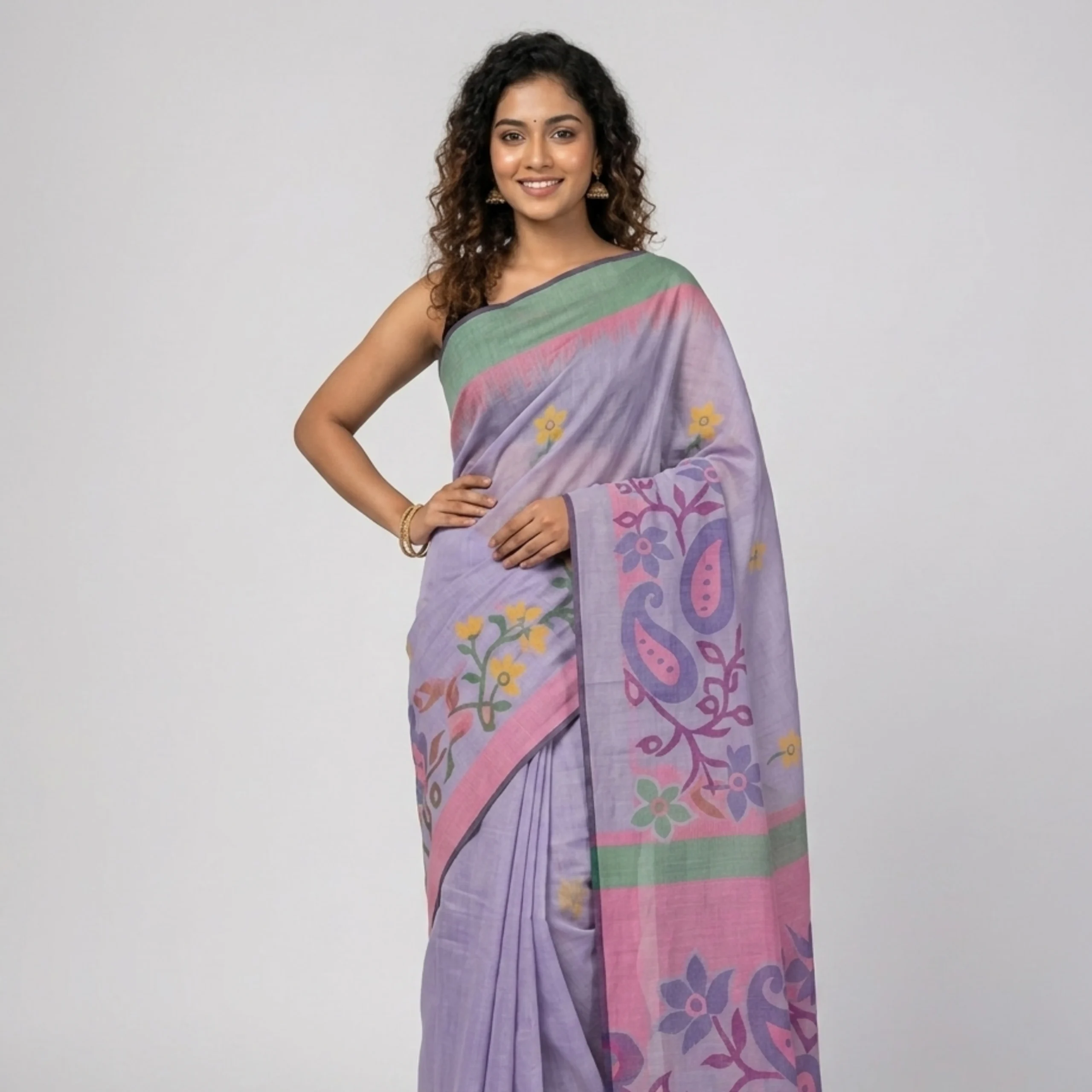 A woman wearing abhrikaa signature tangail tant cotton saree