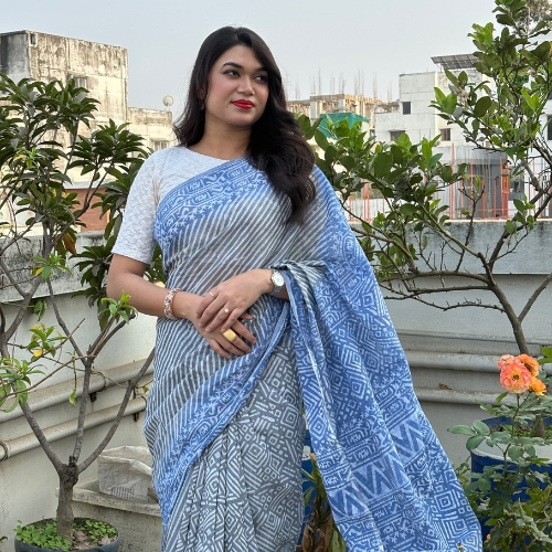Sky blue and grey striped Kota saree with geometric block print borders - Abhrikaa Lifestyle.