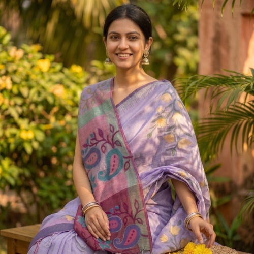 Lilac Tangail Taat Cotton Saree with Paisley Motifs
