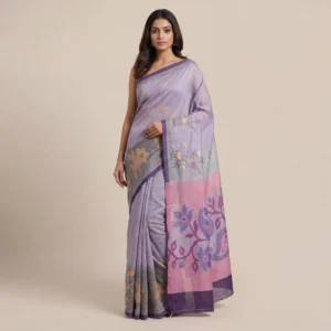 Woman wearing lavender Tangail Tant cotton saree with gold zari butis, front view