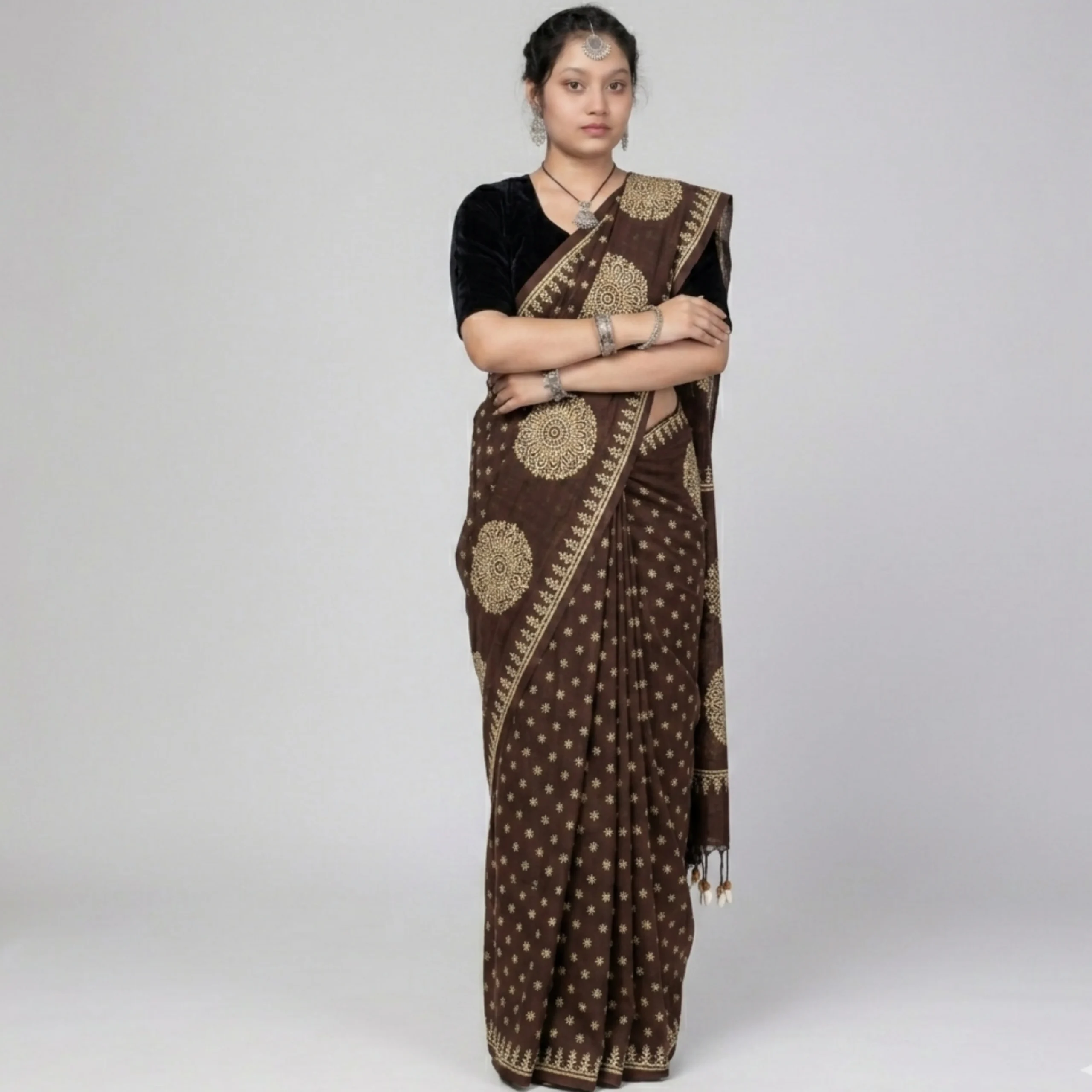 Premium Brown Cotton Saree with Gold Block Print & Shell Tassels